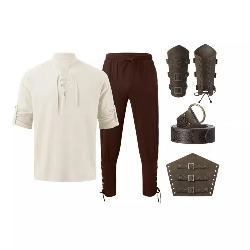 2025New4Set of Halloween Men's Renaissance Suit Medieval Pirate Shirt Ankle Pants