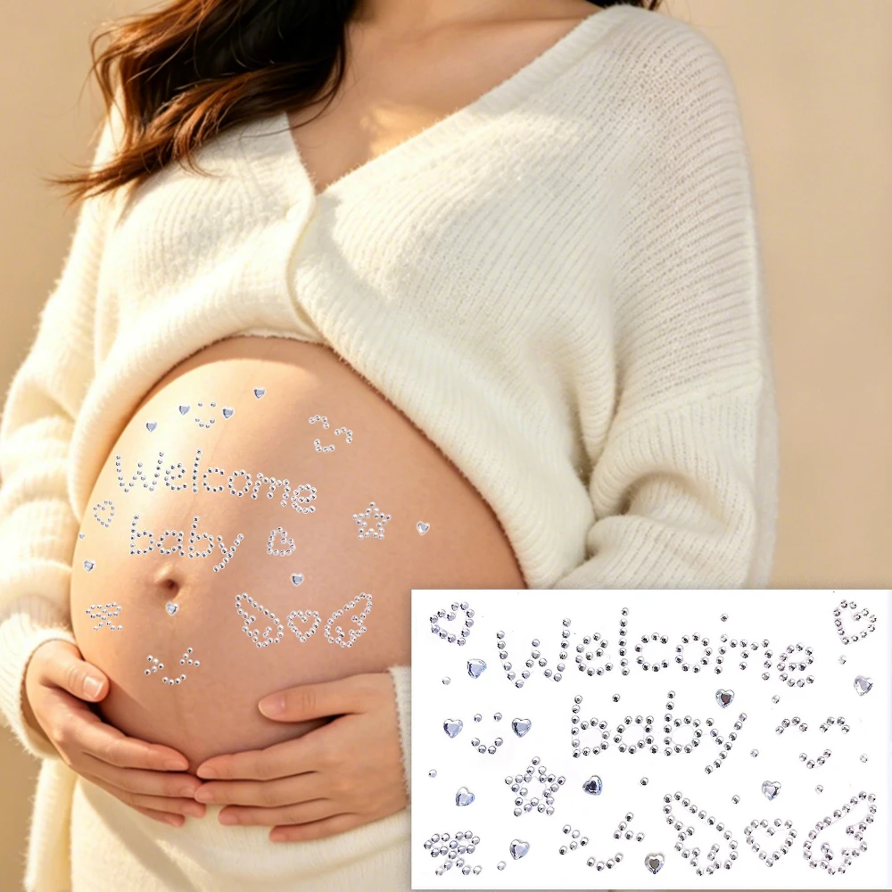 Autocollants 3D scintillants « Bienvenue Bébé » en strass pour photos de maternité, autocollants en cristal pour ventre de grossesse, cœur et nœud