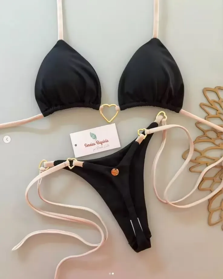 2025 novo europeu e americano amor pescoço reunindo biquíni brasileiro sexy fivela de metal cor sólida dividir maiô transfronteiriço