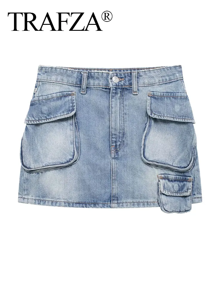 

TRAFZA For Summer Female Chic Mini Skirts Zipper Denim High Waist Pockets Decoration Female Button Slim Short Jean Skirts Mujer