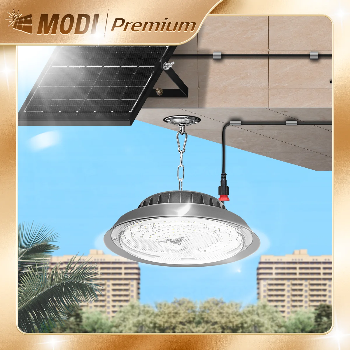 Solar powered ceiling light. Tri color remote control lighting. It is equipped with a 7-meter-long cable and a solar panel.