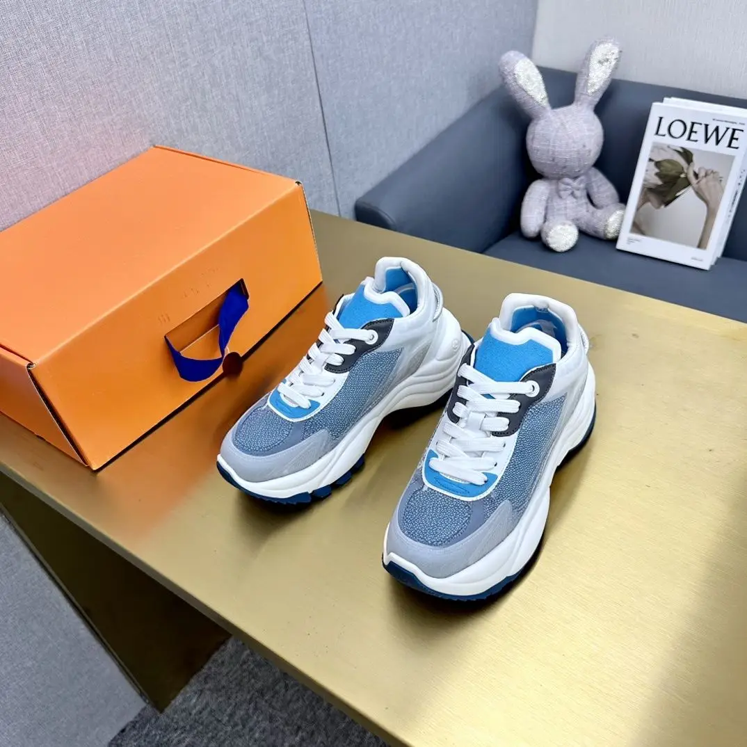 Unisex Blue White Chunky Dad Sneakers Glitter Knit Mesh Transparent TPU Splicing Multi-layer Wave Thick Platform Sole Lace Up Height Increasing Street Casual Shoes