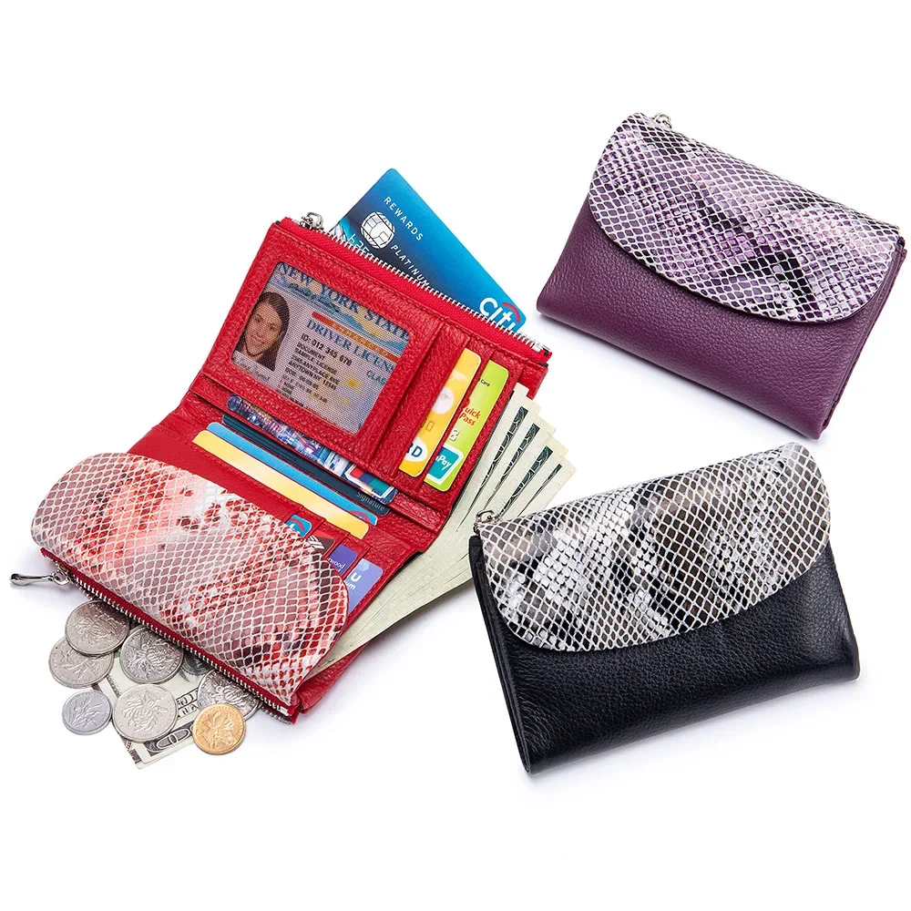 New Style Women's Genuine Leather Short Wallet Snake Pattern Compact Clutch Large Capacity Wallet for Cards Cash & Small Items