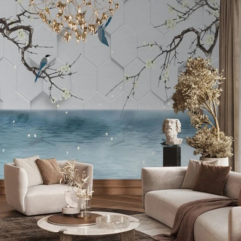 Original pink-flowered ink-wash painting of distant mountains for living room, TV, home decoration background and wall
