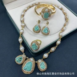 New special-shaped turquoise inlaid with baroque pearls four-piece set, high-end jewelry exaggerated personality original design