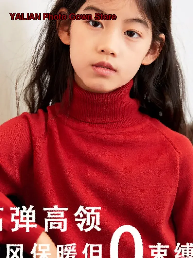 Girls Turtleneck Sweater Kids Winter Thickened Warm Solid Color Elegant High Neck Older Kids