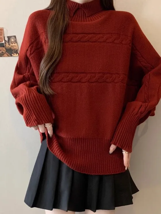 

Wine Red f High Collar Long Sve Knitted Sweater Women's Autumn Winter plus Size Sli Agel Versatile Top