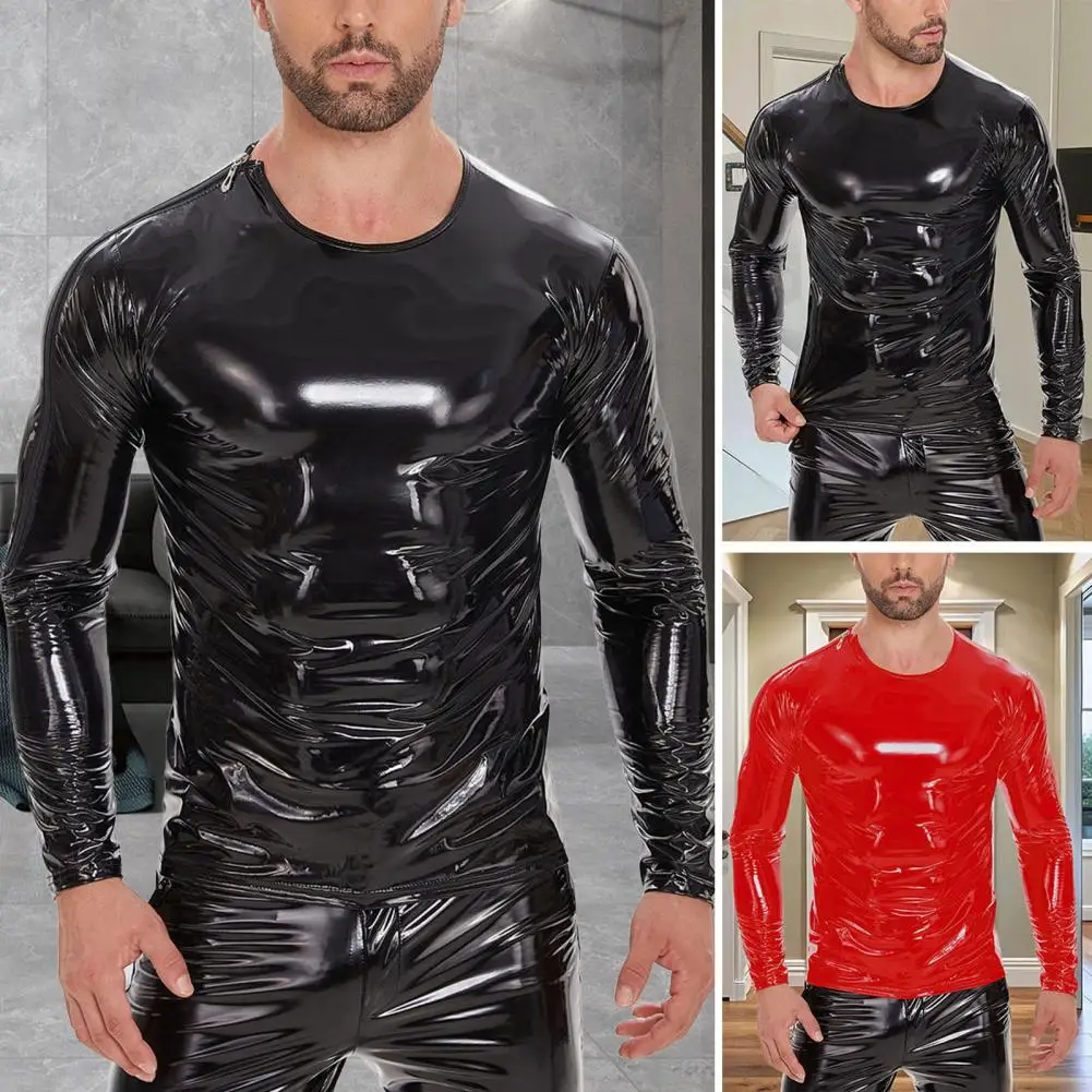 Men's Pu Leather Shirt Wet Look Undershirt Black Faux Leather Long Sleeve Shirts Slim Fit Muscle Tops Casual Clubwear Streetwear