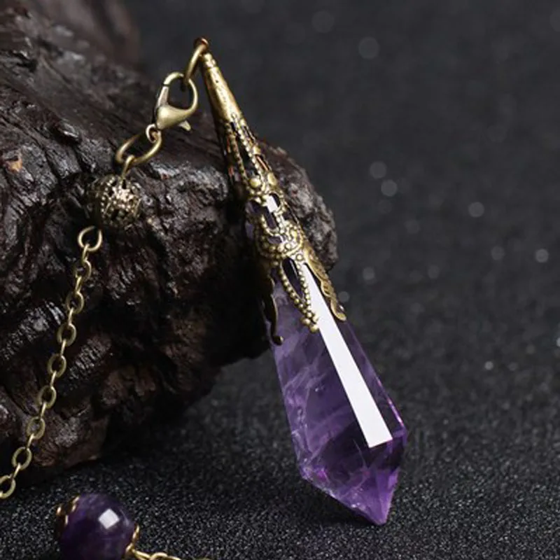 Mystic Amethyst Pendulum Reiki Charged Hand-Cut Genuine Natural Purple Quartz Crystal Divination Pendant for Dowsing Divination