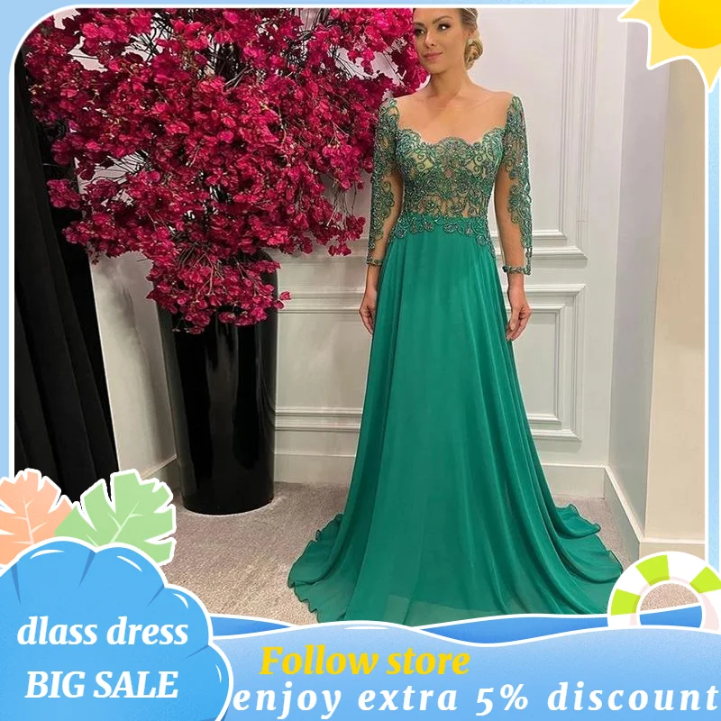 

Classic Green A-Line Chiffon Mother Of The Bride Dress Long Sleeves Scoop Sleeve Floor Length Formal Evening Wedding Party Gowns