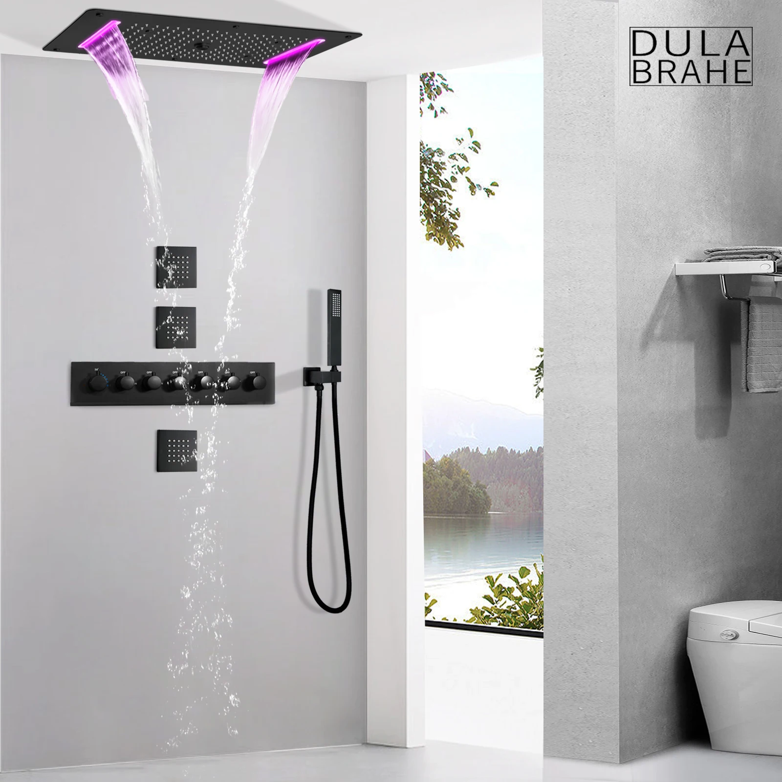 

Matte Black Thermostatic Rain Shower System With 700X380 MM LED Ceil Mounted Stainless Steel Shower Head