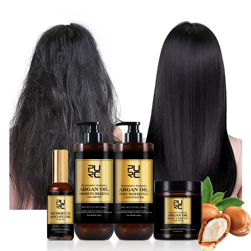 PURC Morocco Argan Oil Hair Shampoo Conditioner Set Smoothing Hair Oil and Hair Mask Treatment Soft Repair Damagd Hair Care