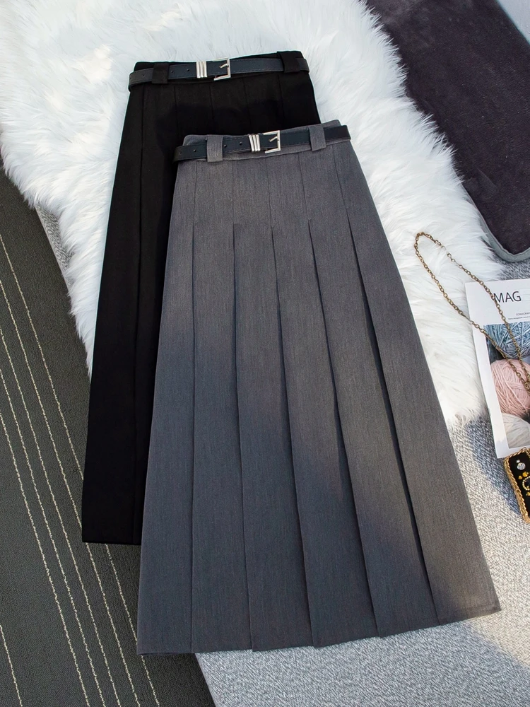 Gray Suit Pleated Skirt Draping Effect Skirt High Waist Slimming Pleat Mid-Length A- line Skirt Preppy Long dress