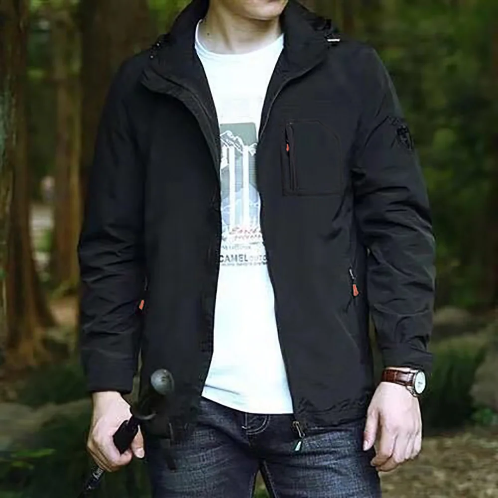 Herren-Outdoor-Jacke, winddicht, wasserdicht, mit Kapuze, Camping, Klettern, Oberbekleidung, einfarbig, Reißverschluss, stilvolle Wanderjacken