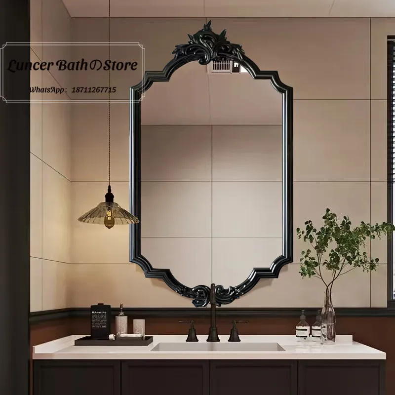 French retro bathroom smart bathroom mirror wall-mounted black engraving craft hand-washing countertop makeup mirror