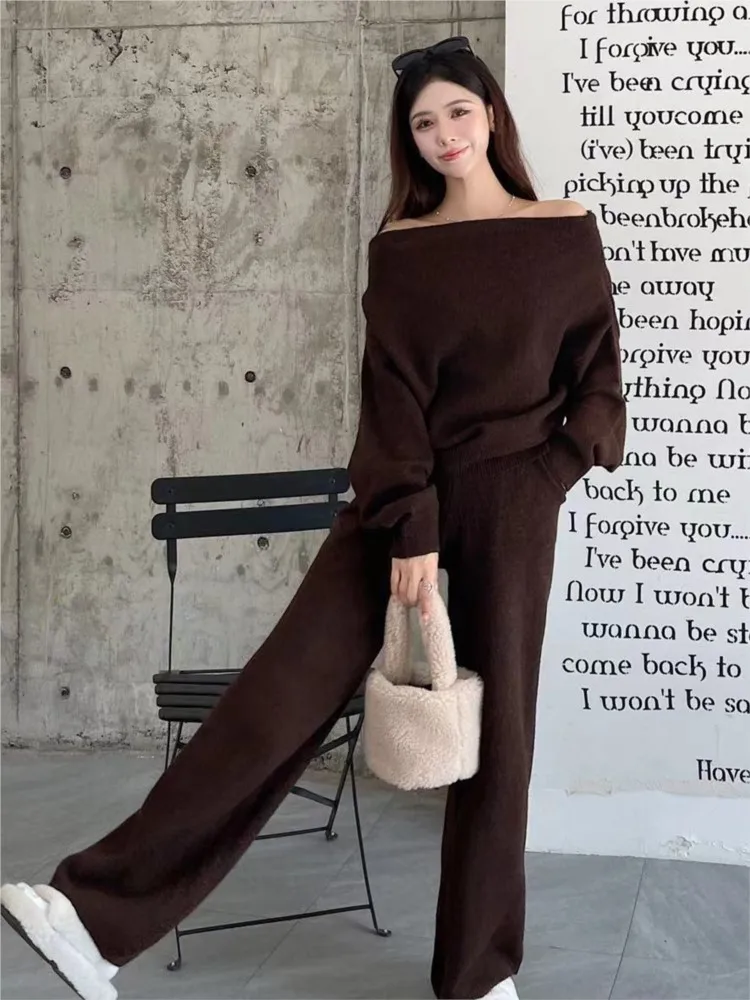 Slash Neck Sweater And Long Trouser Chic Winter Two Piece Set Loose Knit Tops Long Trouser Pink Sweet Two Piece Set 2024 New