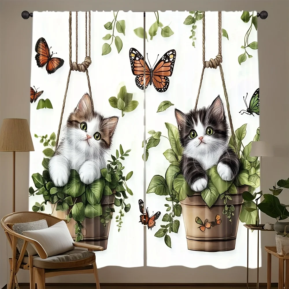 Cute Cat Curtains 2pcs – Kittens in Hanging Plant Pots with Butterflies, Whimsical Garden Art for Bedroom and Living Room Decor