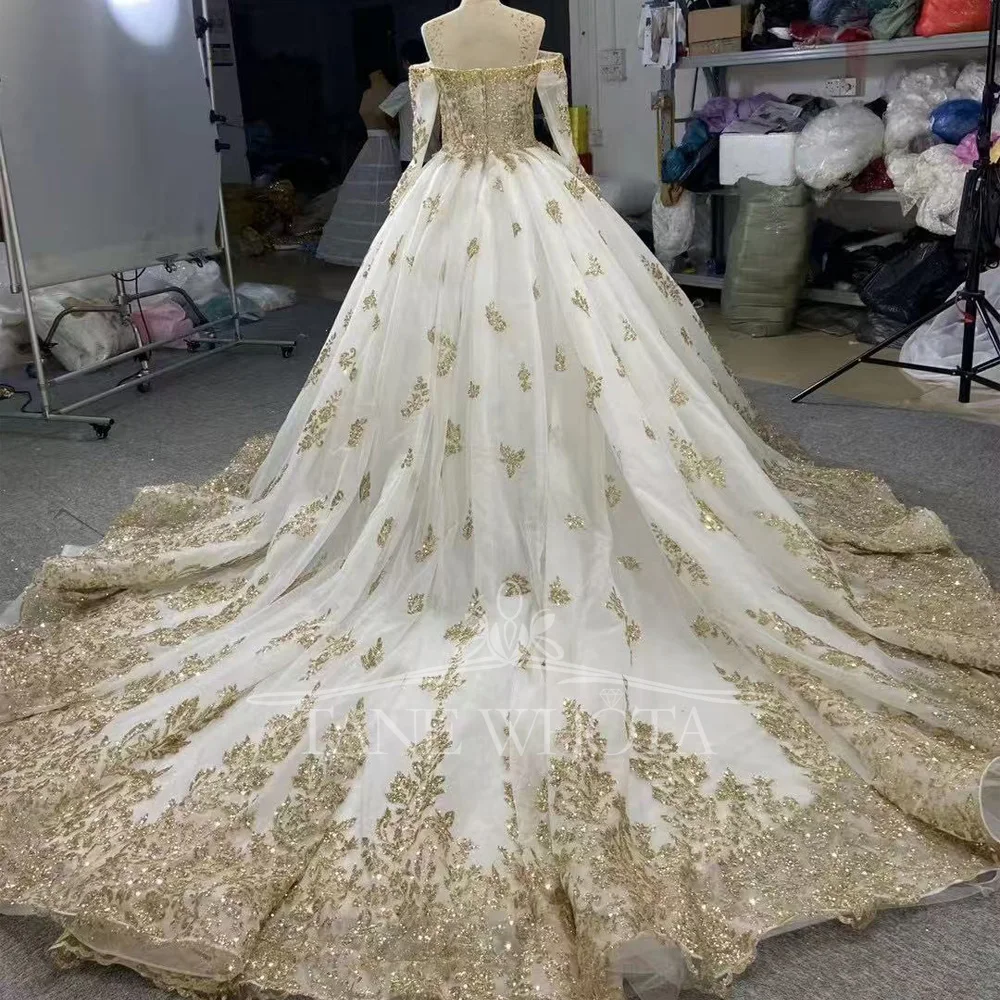 فستان الزفاف الذهبي الحبيب كم طويل كريستال مطرزة الدانتيل فستان الزفاف الفاخرة فساتين الزفاف المخصصة