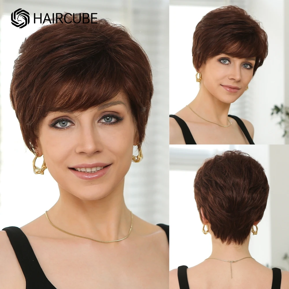 

Curly Wave Pixie Cut Bob Wigs With Bang Chocolate Brown Short Wig for Women Daily Kanekalon Human-hair Like Texture Machine Made