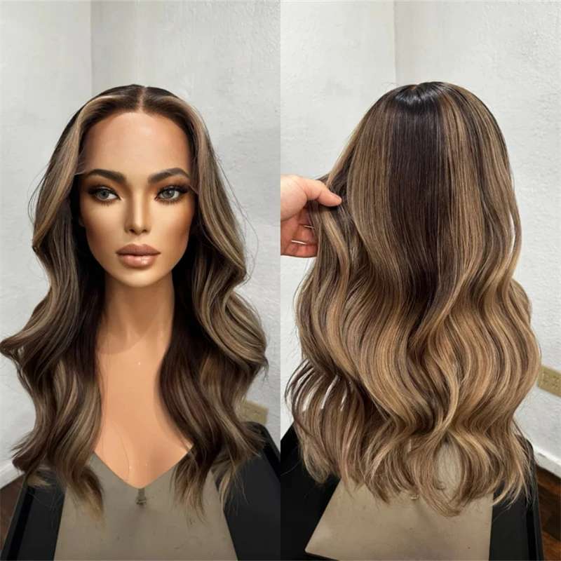 Synthetic Wigs Ombre Brown Blonde Highlight HD Lace Frontal Wig Top Glueless Women's Wig  Premium Fibre for Daily Cosplay Party