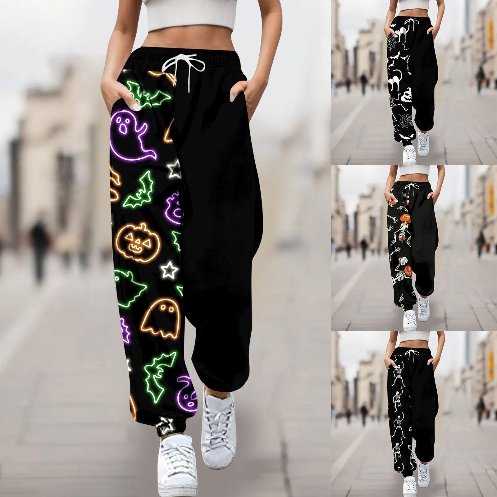 

Women's Sweatpants Autumn Winter Halloween Patchwork Print High Waist Stretch Drawstring Sports Plus Size Casual Pants For Women