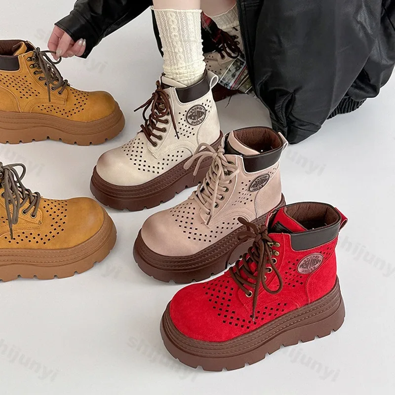 

Fashion Retro Hollow Breathable Casual Thick Soled Short Boots for Women 2025 Autumn New Comfortable Non Slip Chunky Ankle Boots