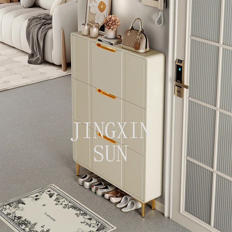 

Ультратонкий опрокидывающийся шкаф для обуви с кремовым ветром, бытовая дверь, новинка 2025 года, популярный домашний шкаф для хранения, интегрированный против ва