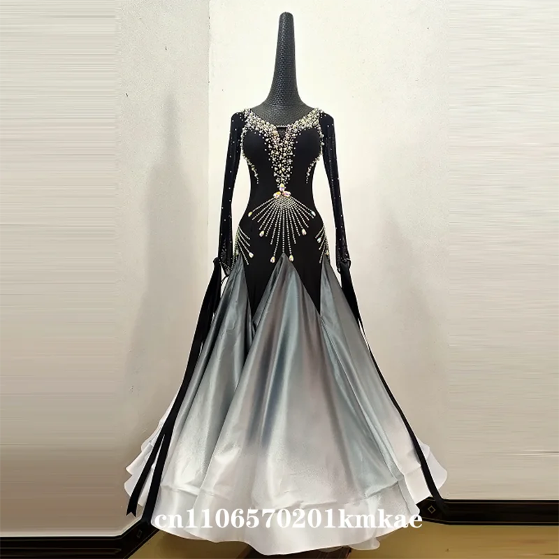

Women's Rhinestone Ballroom Competition Dress, Black Top with Gradient Gray Satin Skirt, Long Sleeve for Waltz Tango Stage Perfo