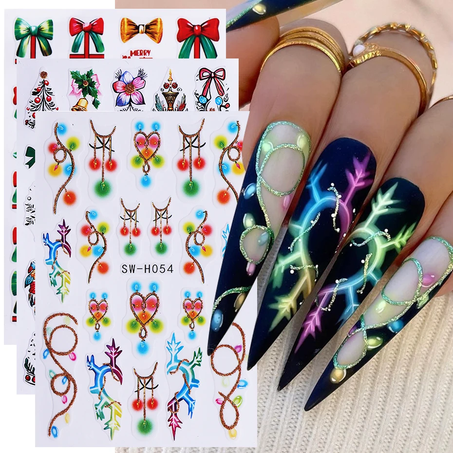 3 stücke Weihnachten 3D Nail art Aufkleber Neon Lampe Glocke Liebe Herz Bogen Blume Selbstklebende Aufkleber DIY Maniküre Dekoration slider