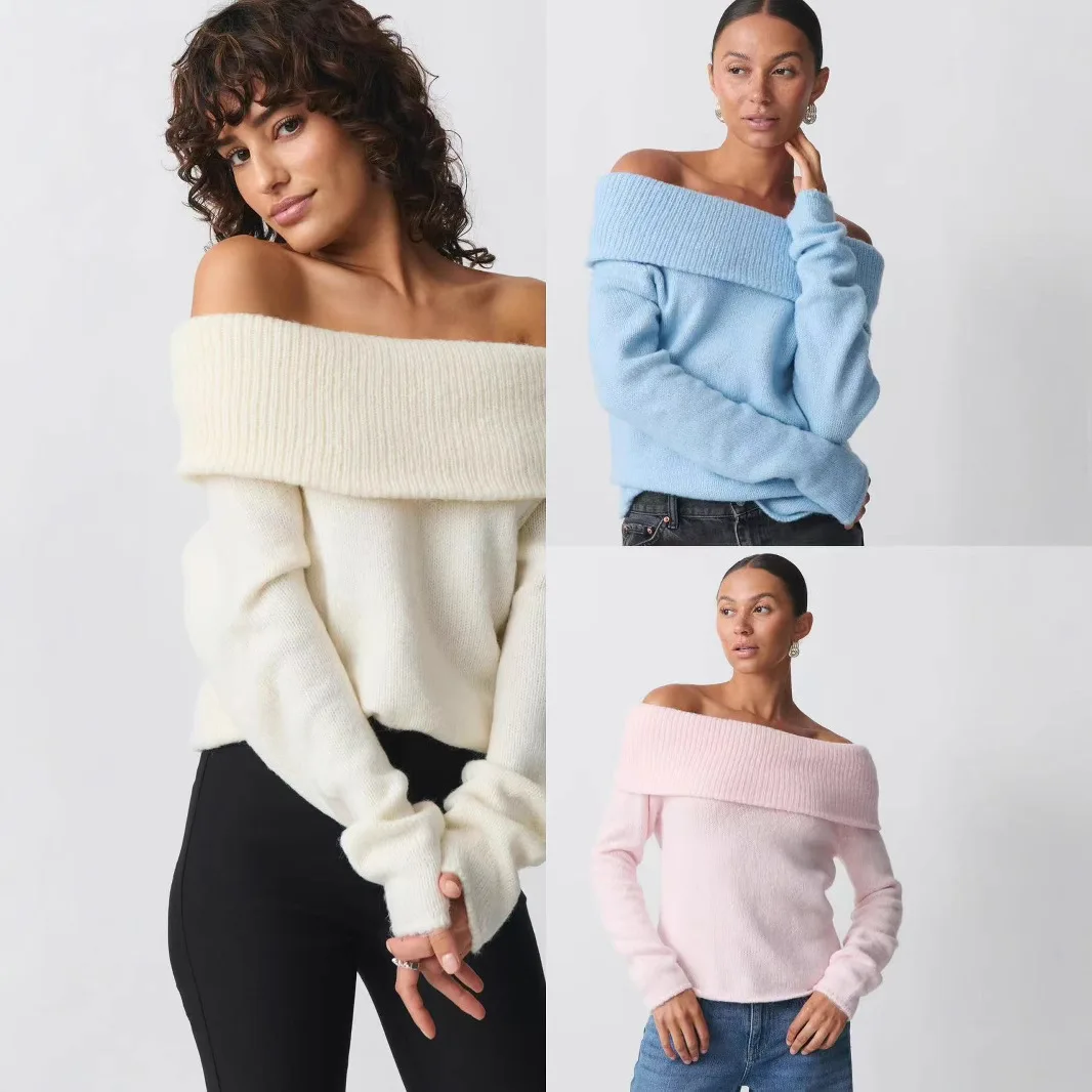 Sweet Sle One oulder Lapel Top with Base Coat Sweater Polyester Fiber Long Sve Flip Collar Bal Design for Women