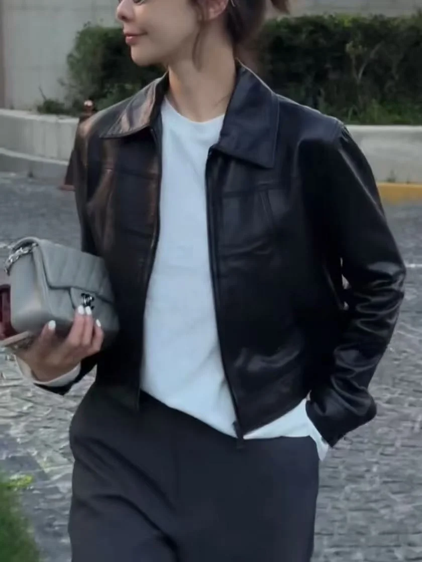 

2025 New Sle Casual Leather eepskin Coat Women's Loose Long Slimming Versatile Outerwear Medium Length Single Button Closure