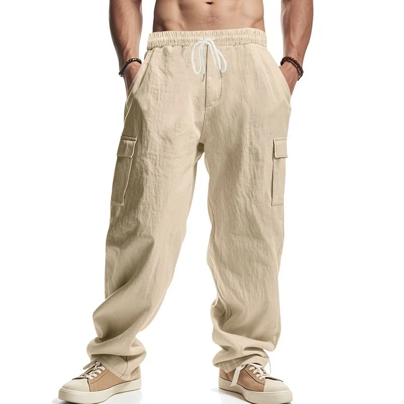 

Men's Thin Breathable Cargo Multi-Pocket Loose Pants Casual Drawstring Elastic Waist Straight Breathable Trousers