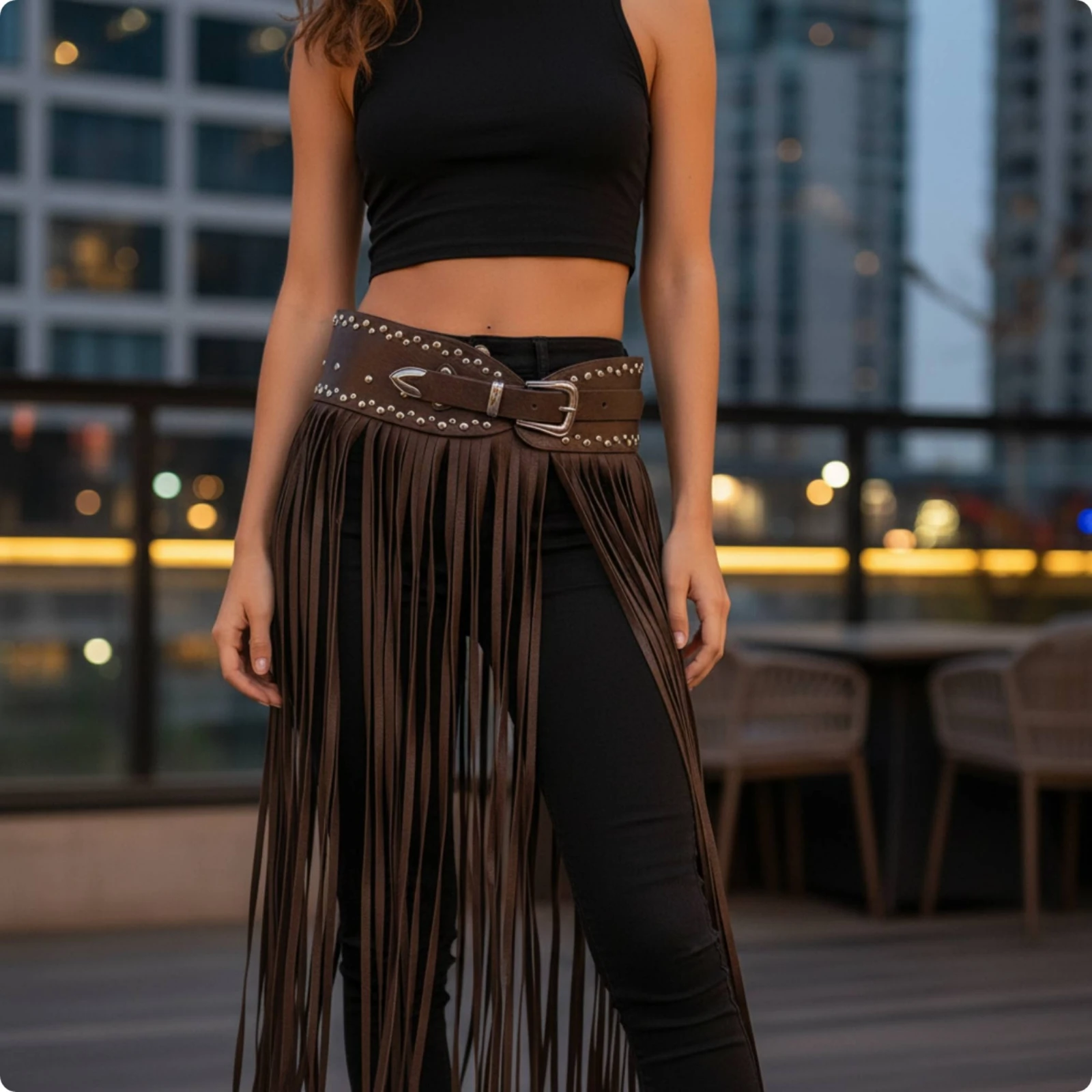 Statement Waist Belt with Metal Hardware PU Leather Wide Fringe Belt with Studs Shimmering Vintage for Costume Styling