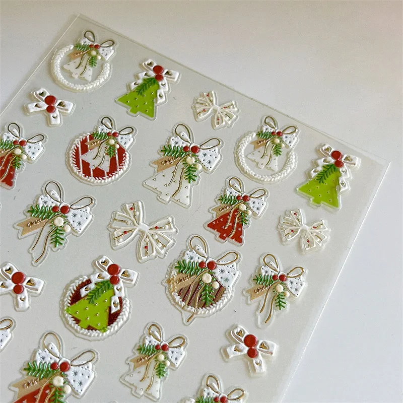 Pequeño y fresco árbol de Navidad, cinta con lazo, pegatinas para uñas en relieve 5D, bonitas calcomanías para uñas, regalos de decoración para manicura navideña DIY