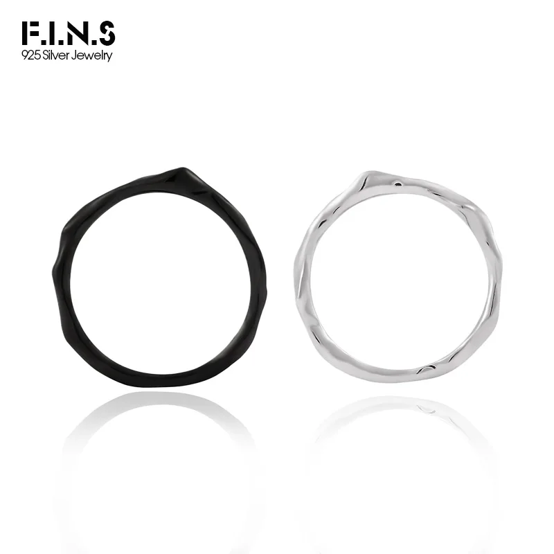 

F.I.N.S Simple Stackable Plain 100% S925 Sterling Silver Ring Glossy Black Irregular Line Thin Index Mid Finger Fine Jewelry