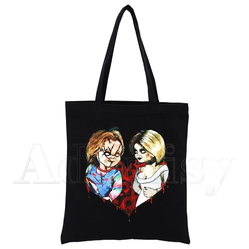 Chucky Damen-Handtaschen, Canvas-Tragetasche, Einkaufstaschen, wiederverwendbare Einkaufstasche, umweltfreundlich, faltbar, Schwarz