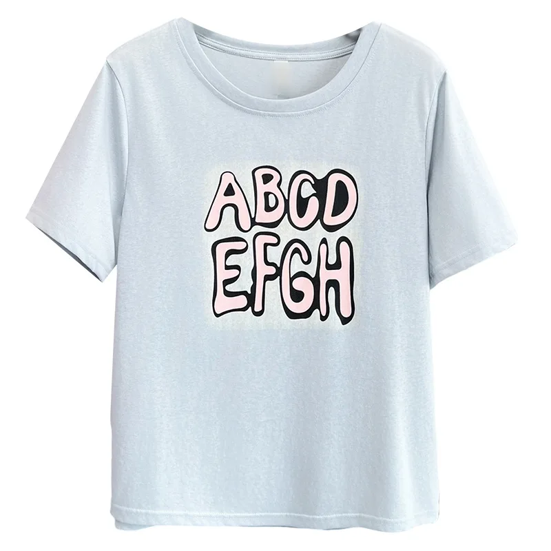 

Новая летняя футболка больших размеров, женская одежда, простой повседневный хлопковый топ с круглым вырезом и принтом букв, короткий рукав, 100 кг, снежинка, 2528