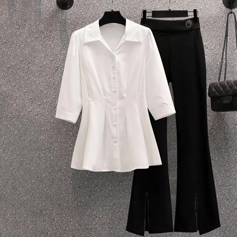 

High-waisted Bootcut Trousers Elegant Plus Size Women's Shirt Pants Set Lapel Three Quarter Sleeves Single-breasted for Ol