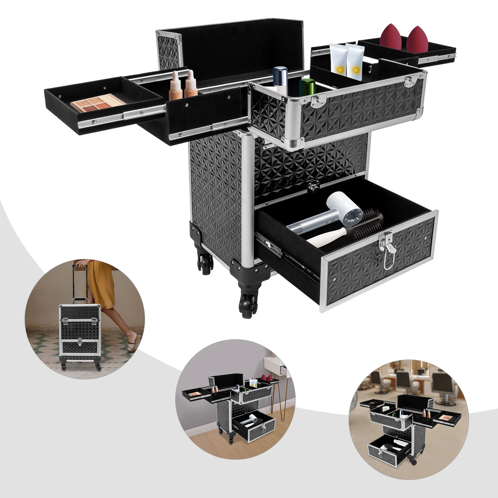 

Professional Makeup Train Case Rolling Aluminum Cosmetic Case Workbench With Supporting Legs Travel Cosmetic Organizer Black