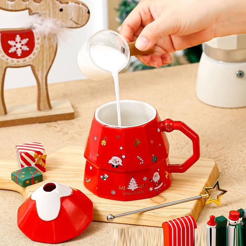 Creative Cartoon Cute Christmas Pattern Milk Coffee Cups, Ceramic Household Office Items, Porcelain Water Mugs With Lid Cup, 1Pc