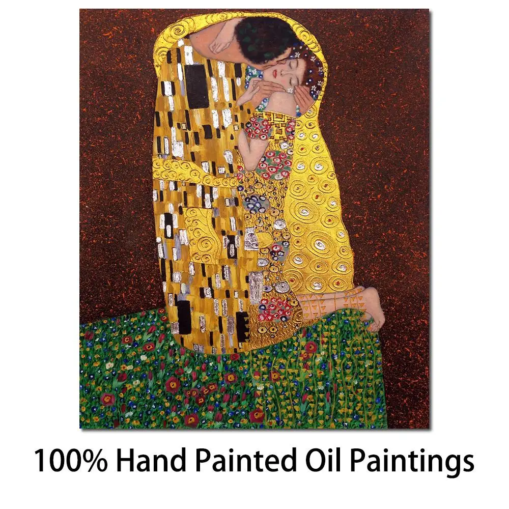 

Golden Leaf Canvas Art Kiss Gustav Klimt Painting Handmade Portrait Artwork Beautiful Woman Bedroom Decor Romantic High Qualilty