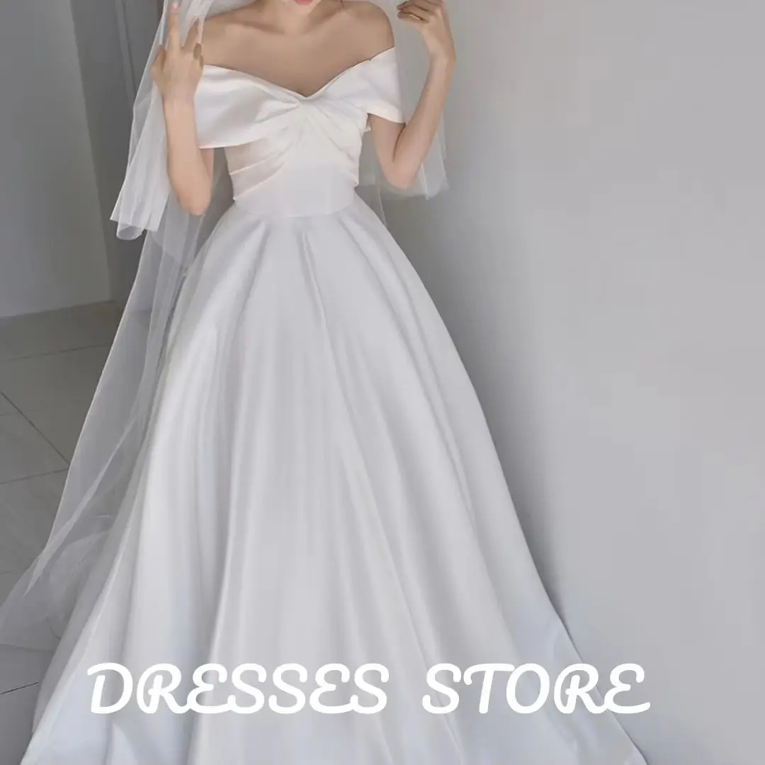 

MD 2025 Elegan A-line Wedding Dress Off Shoulder Short Sleeves Korea Photoshoot Pleat Bride Gowns Corset Satin Garden Customized
