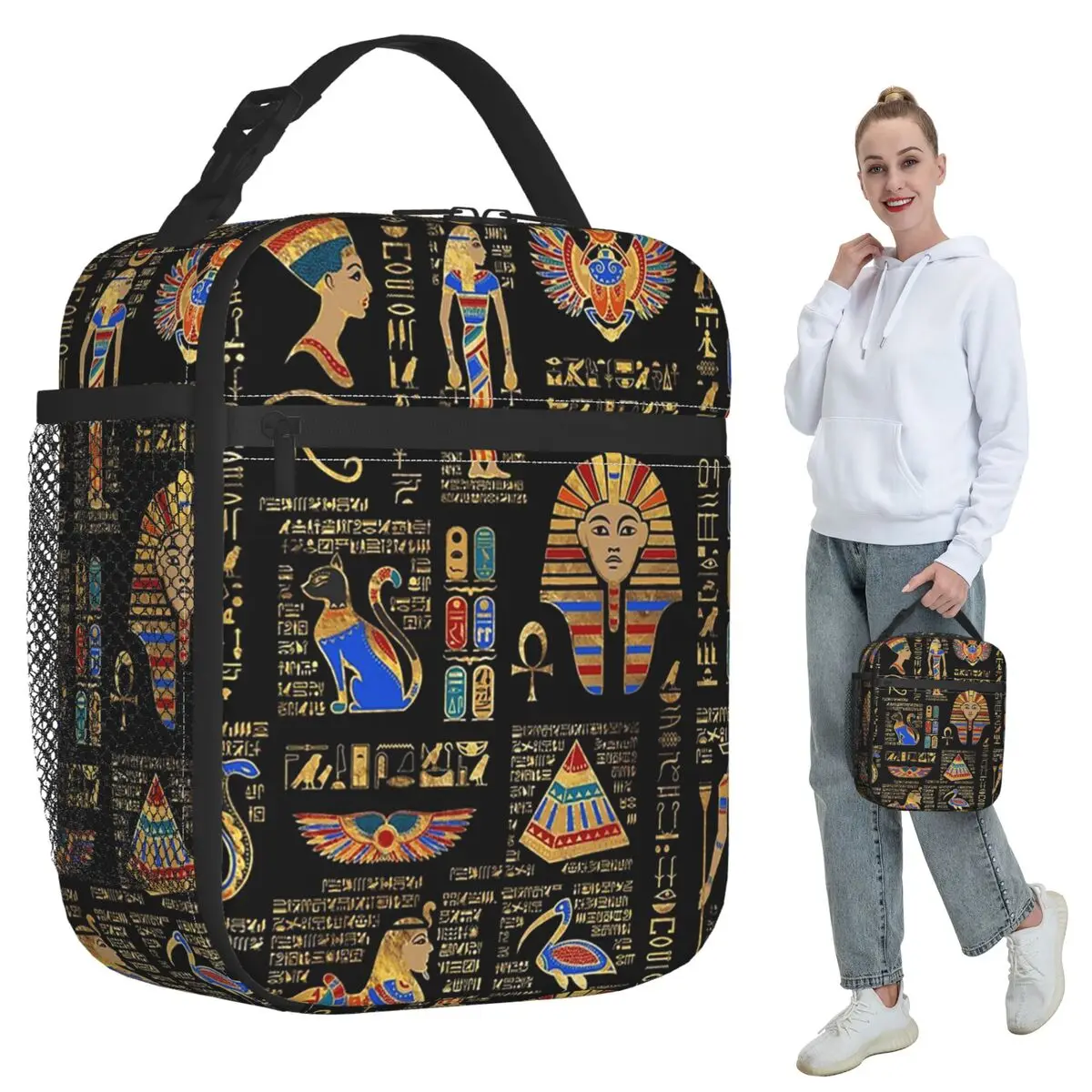 

Egyptian Hieroglyphs And Deities Insulated Lunch Bag for Women Cooler Thermal Food Box Tote Portable Lunch Boxes Container