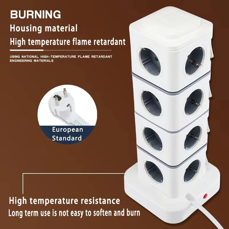 

Башенная 12-контактная розетка, мульти-подовжувач, вертикальный удлинитель 1,8 м, вилка европейского стандарта с USB-переключателем защиты от перегрузки, 250 В, 10 А