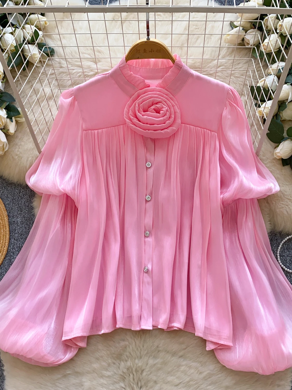 

Loose Lantern Sve Women's irt Korean Sle Floral 3D Design Stand Collar Breathable Polyester Commute Open Cardigan