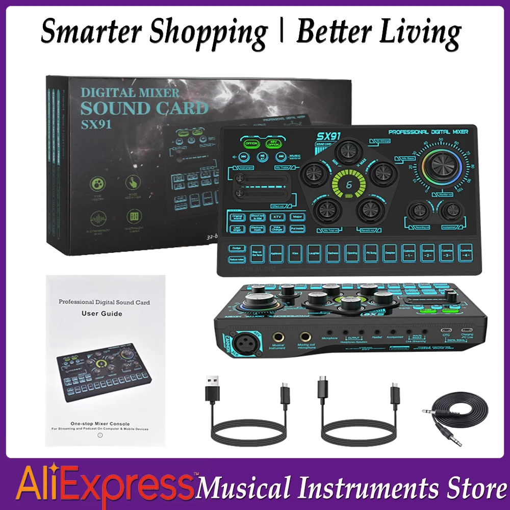 SX91 48V Audio Mixer with Voice changer,Podcast Mixer Sound Card for Phone Gaming Karaoke Studio Live Streaming Podcast 2Pcs