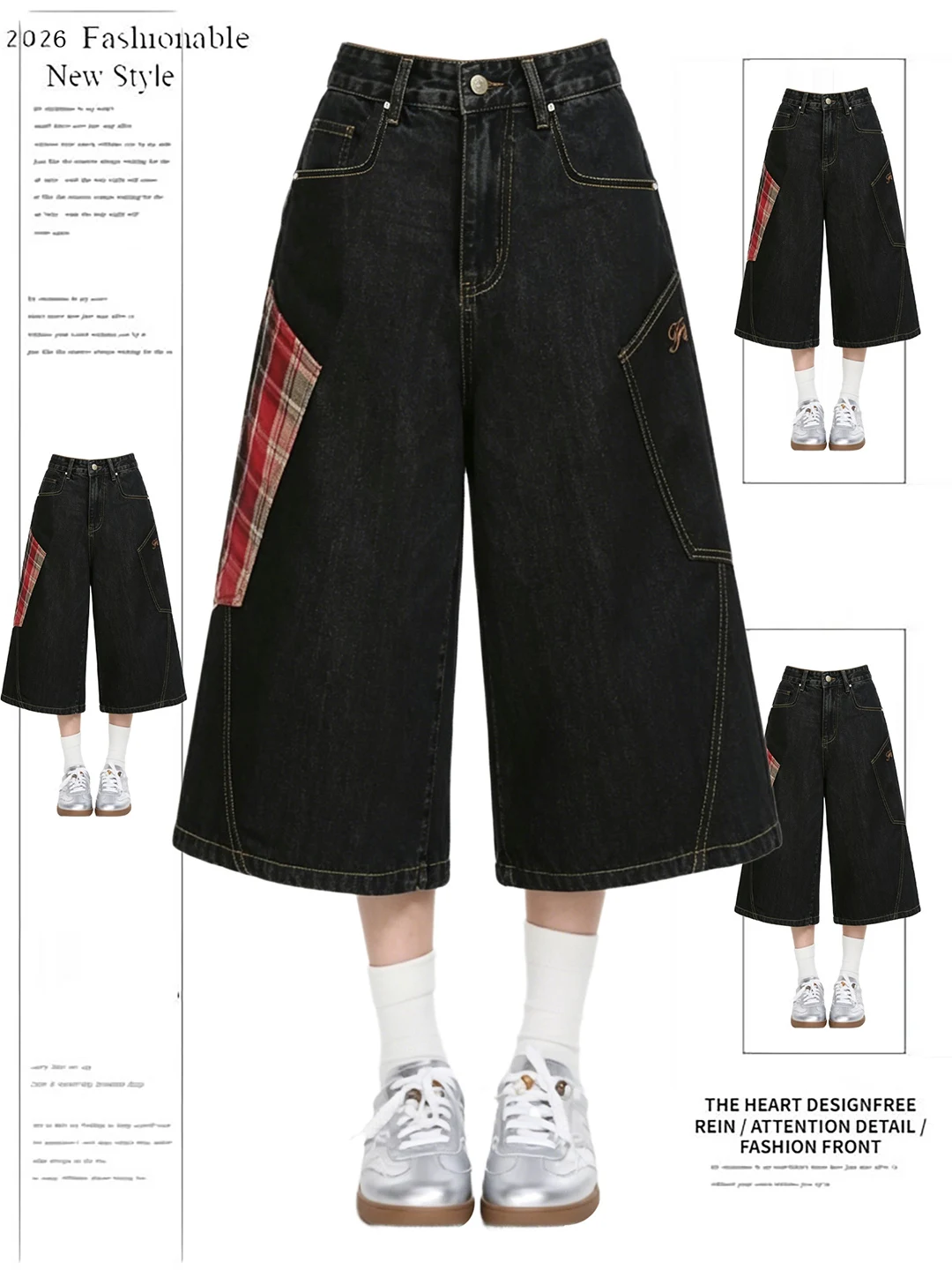 

Retro American Plaid Patchwork Denim Wide Leg Loose Fit Shorts High Waist Summer Casual Trousers for Women Deep Light Colors