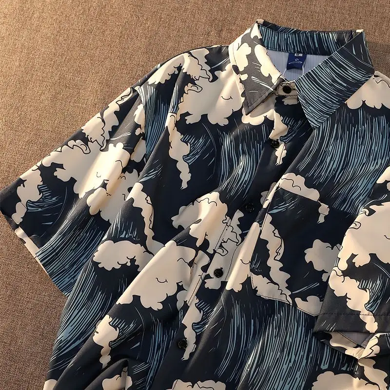 Summer handsome wave full printed shirt for men and women same style bf style Japanese style loose casual short-sleeved trend