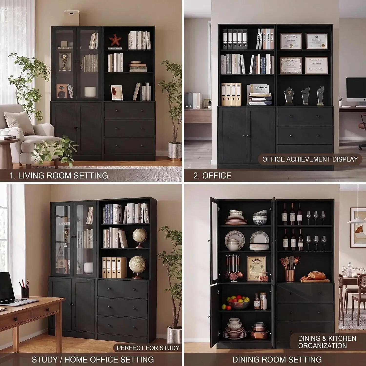 71" H Bookshelf with Storage, 6-Tier Modern Bookshelves with 3 Large Drawer, Display Bookcase with Glass Doors, Modern 5-Tier Cu view 4