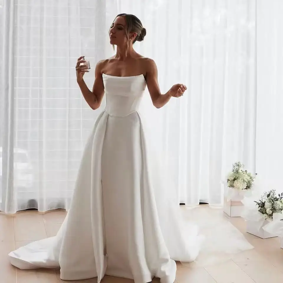

Customized High Quality Pleat Satin A LIine Princess Wedding Dresses Side Slit Split Wedding Gown vestido de noiva 2025